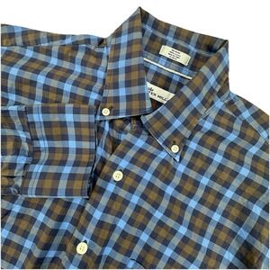 Peter Millar Mens Plaid Cotton Shirt Medium Blue Brown Button Down Classic Prep